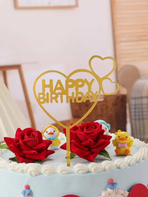 Heart Shaped Gold Color Birthday Cake Toppers