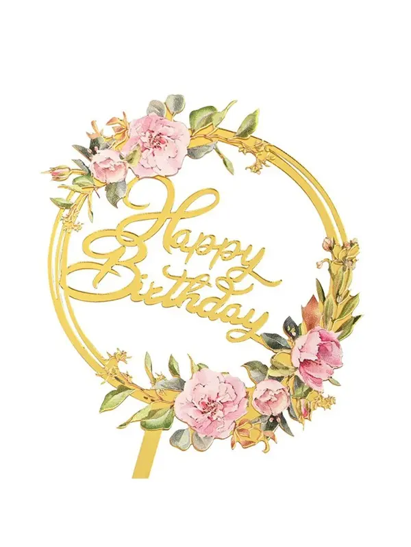 Happy Birthday Cake Toppers Gold Flower Acrylic Cake Acrylic Cupcake Topper For Various Birthday
