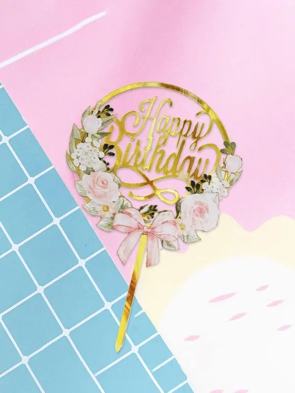 Printed Flower bow garland happy birthday cake topper