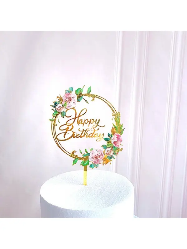 Happy Birthday Cake Toppers Gold Flower Acrylic Cake Acrylic Cupcake Topper For Various Birthday