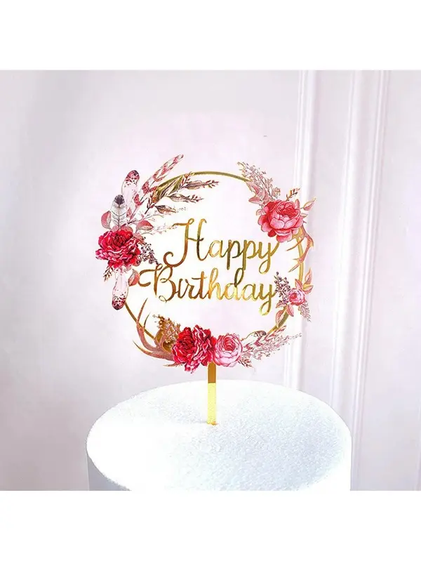 Happy Birthday Cake Topper Gold Flower Acrylic Cake Topper Acrylic Cupcake Topper For Various Birthday