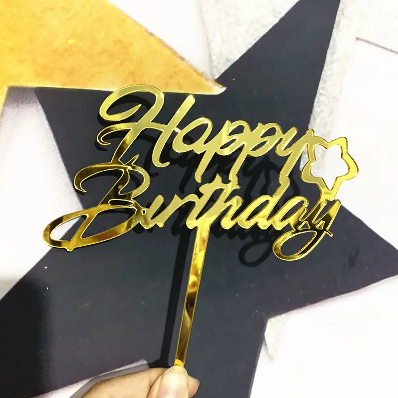 Golden happy birthday cake topper with star