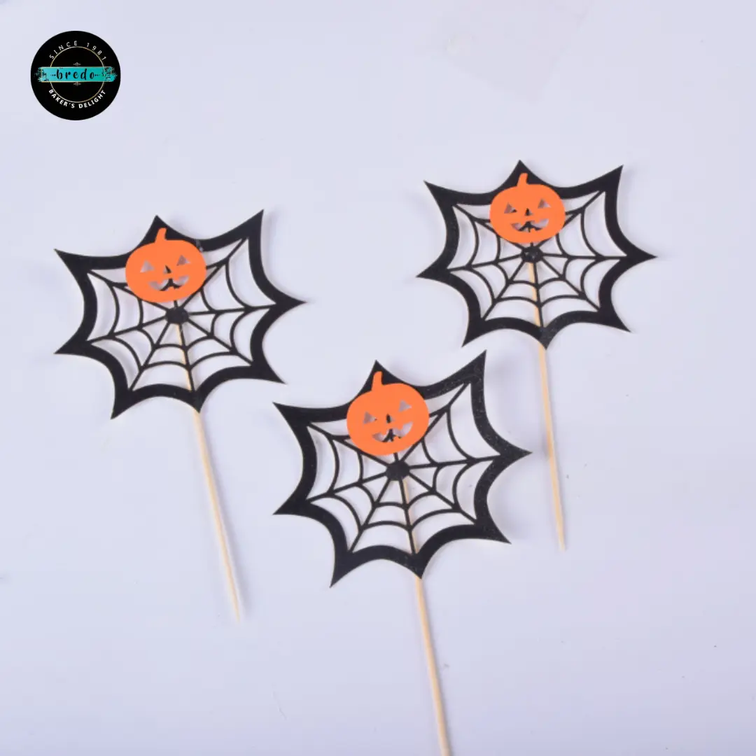 3 pcs Spider Web Cake Insert Card Decoration,with Bamboo Stick,for Halloween Cake Decoration,Black,164mm