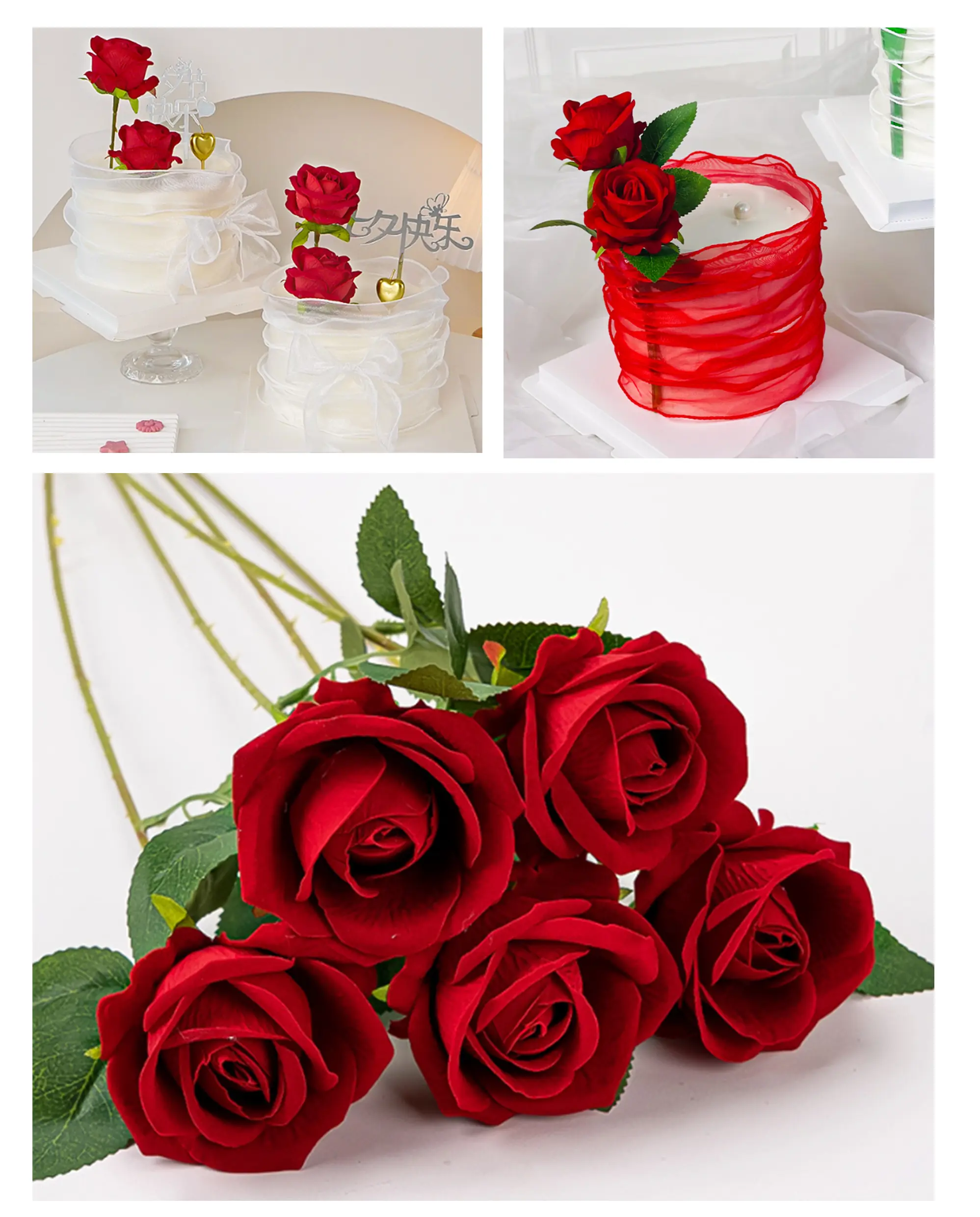 2 pcs Realstic Rose artificial flower with leaf and stem cake topper