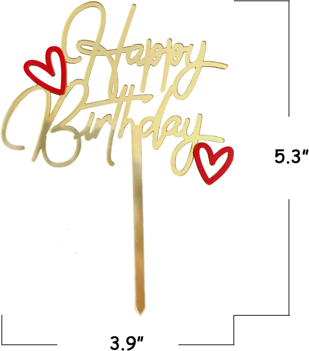 Golden happy birthday with small red hearts cake topper