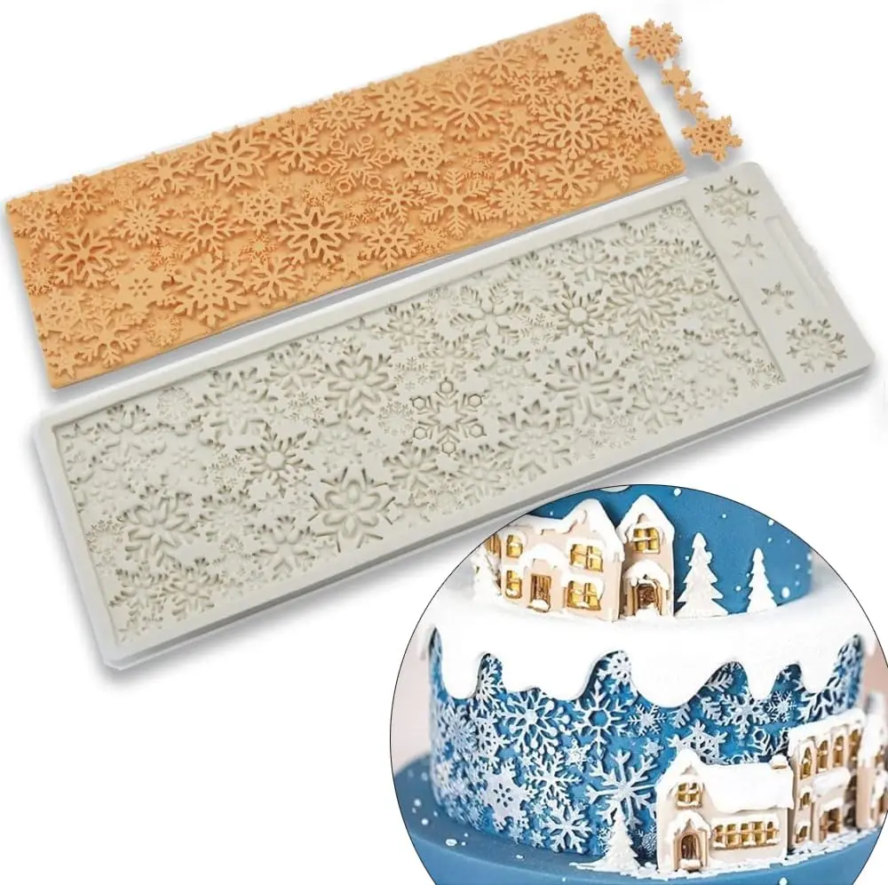 Christmas Snowflake Silicone Fondant Mold for Sugar Resin Cake Border Embossed Textured Mat Cake Embossing Pad Baking Moulds