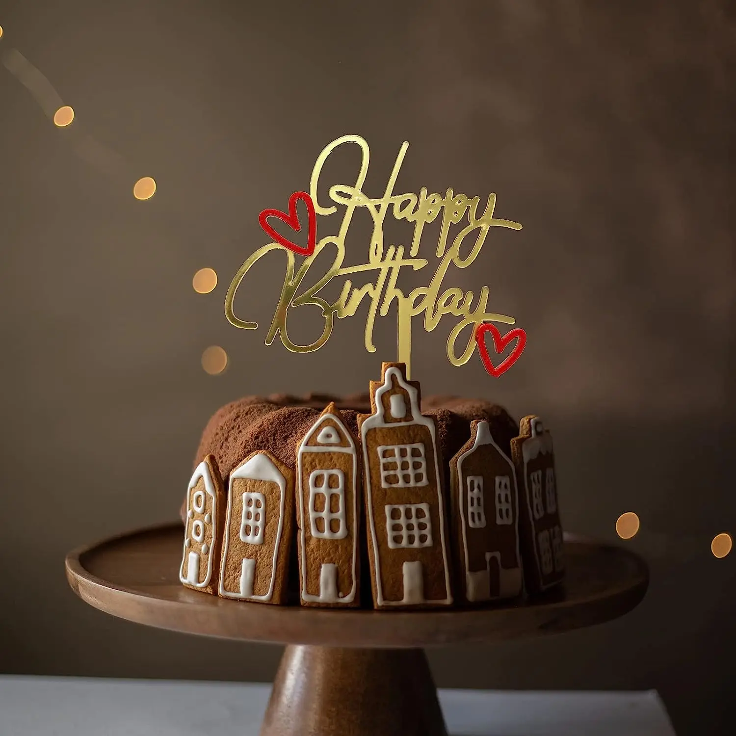 Golden happy birthday with small red hearts cake topper