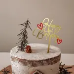 Golden happy birthday with small red hearts cake topper