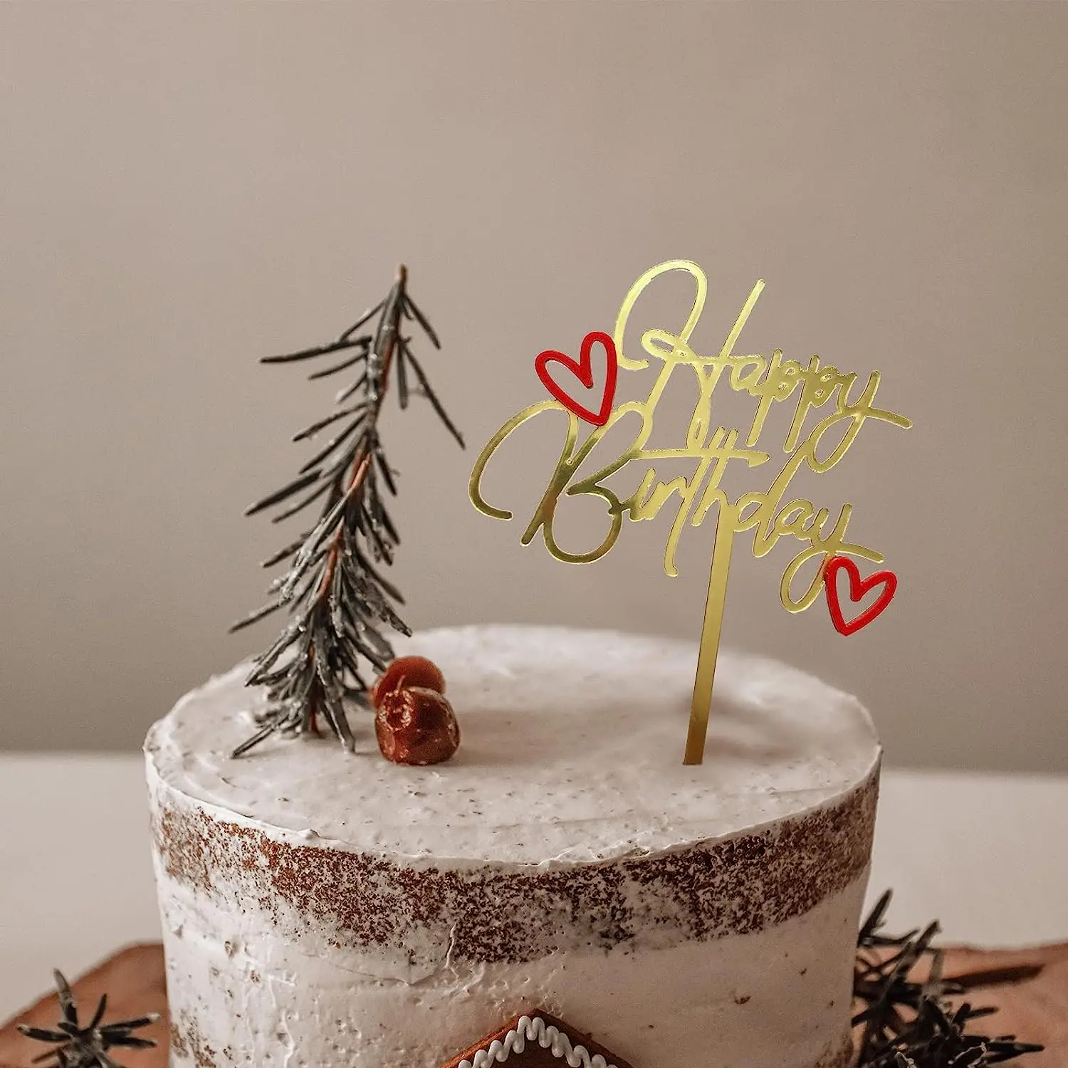 Golden happy birthday with small red hearts cake topper