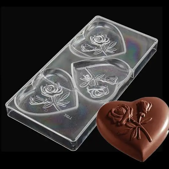 Polcarbonate 3 cavity heart with rose chocolate mould