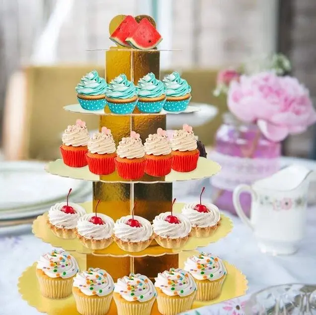 5 Layer Disposable Cake Stand Golden Cardboard Dessert Mini Cake Stand Tower Cupcake Stand Baby Shower Birthday Party Supplies cup cake stand