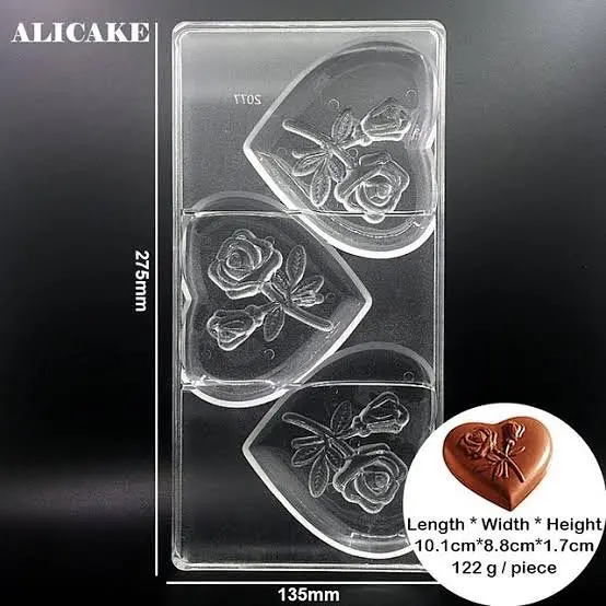 Polcarbonate 3 cavity heart with rose chocolate mould