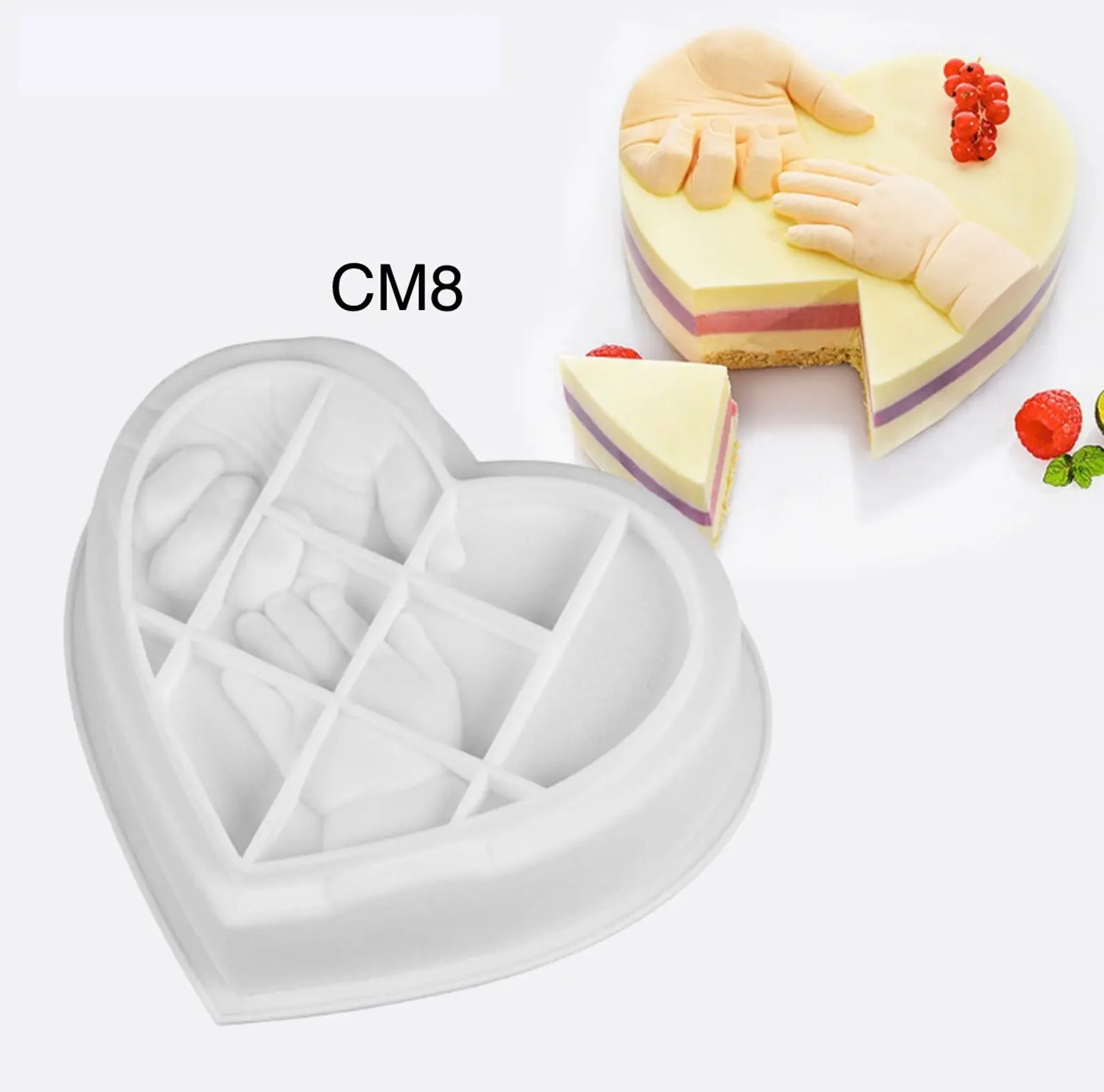 Parents holding baby hand heart shaped mousse cake mould entremet mould