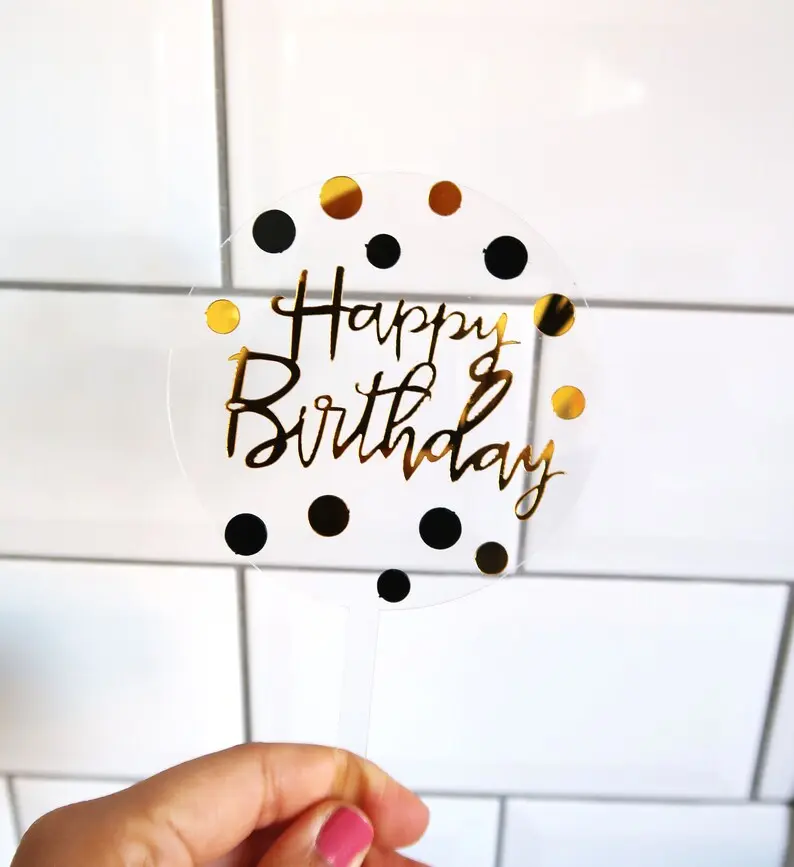 Transparent round happy birthday cake topper