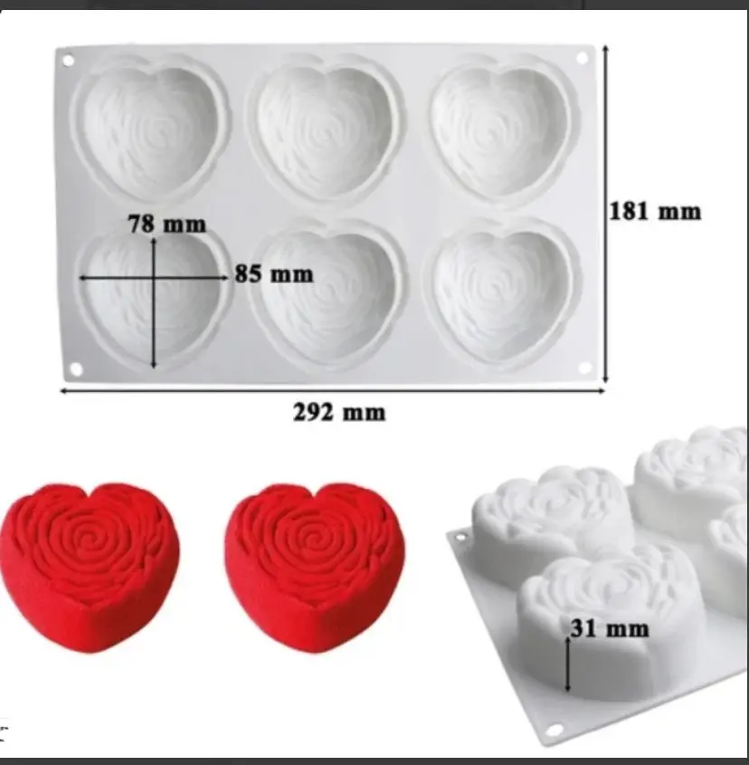 6 cavity Design embossed heart shaped Silicone Mould for mousse,baking,desserts entremet mould