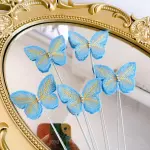 5 pcs fabric blue studded butterfly topper with floral wires