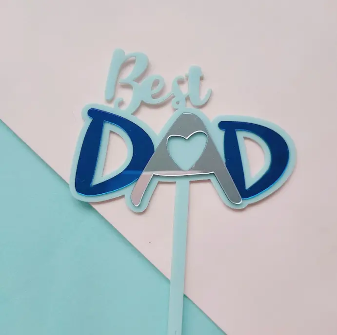 Double acrylic blue and silver best dad cake topper