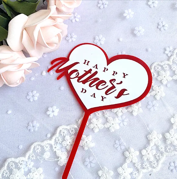 Red heart double acrylic Happy mothers day cake topper