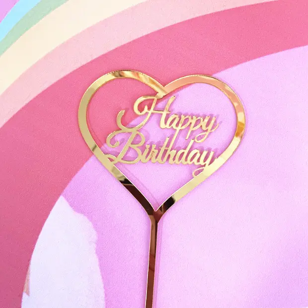 Golden heart shaped happy birthday cake topper