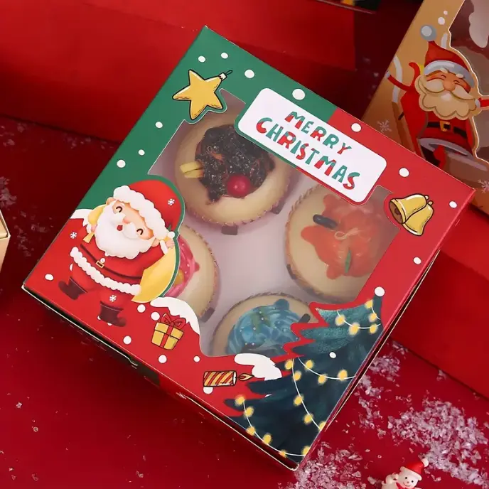 1 PCS 4 cavity Christmas Cupcake Pack Box Muffin Cake Open Window Transparent box