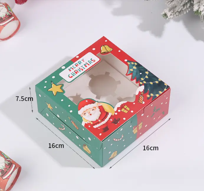 1 PCS 4 cavity Christmas Cupcake Pack Box Muffin Cake Open Window Transparent box