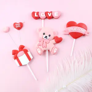 6 pcs Valentine Day theme teddy gift heart love cake cupcake toy topper set