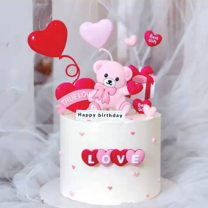 6 pcs Valentine Day theme teddy gift heart love cake cupcake toy topper set
