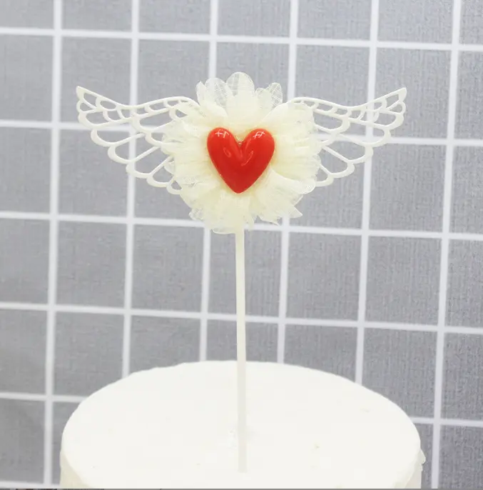 1 pcs Red heart with wings cake topper
