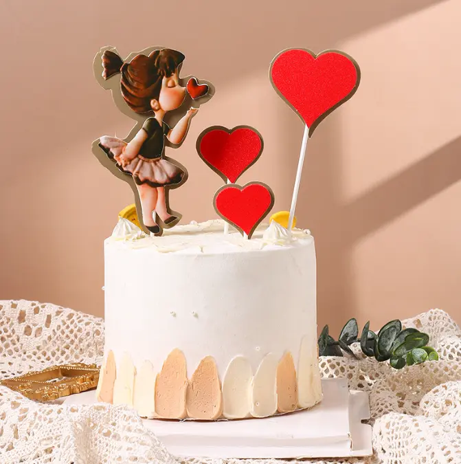 4 pcs Girl blowing kisses with red hearts cake topper set