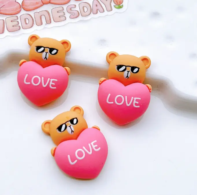 3 pcs Small teddy holding red heart cake topper set