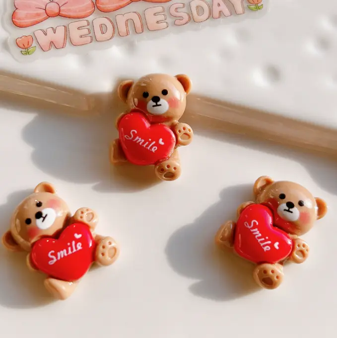 3 pcs Small teddy holding red heart cake topper set