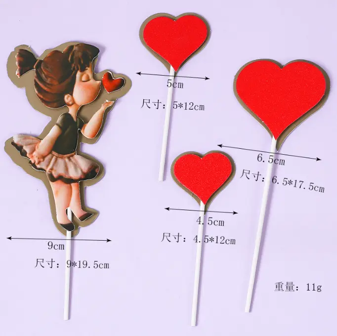 4 pcs Girl blowing kisses with red hearts cake topper set