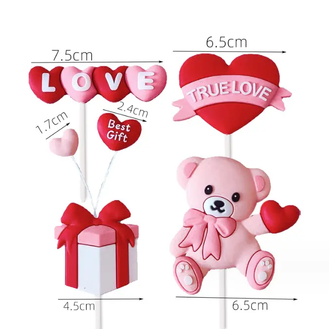 6 pcs Valentine Day theme teddy gift heart love cake cupcake toy topper set
