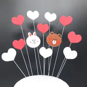 12 pcs couple red and white hearts with floral wire cake topper set
