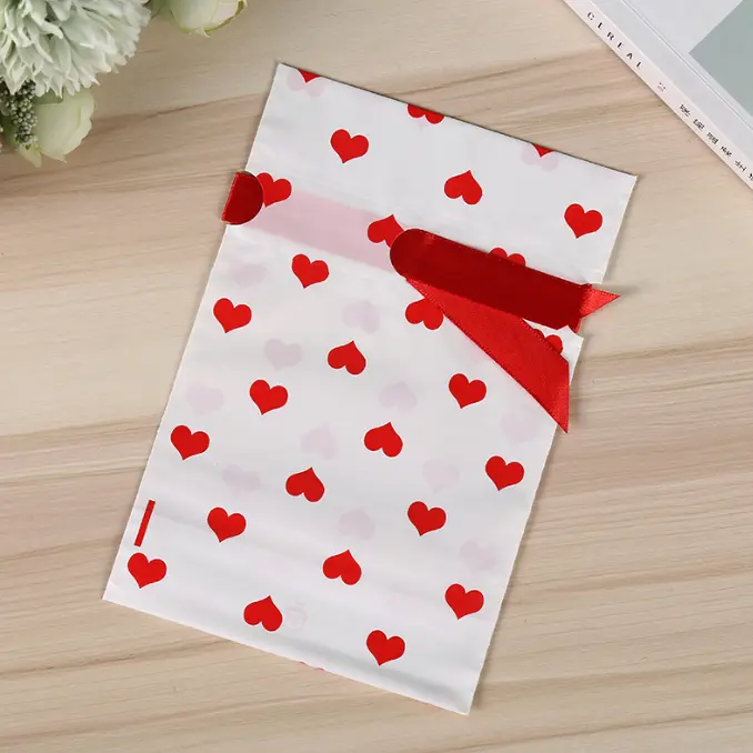 50 pcs heart print Cookie pouch set with ribbon