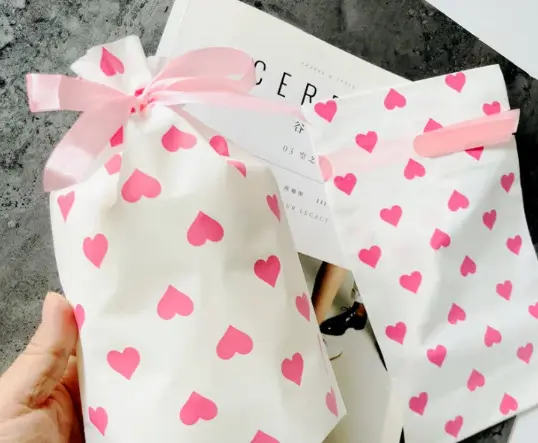50 pcs heart print Cookie pouch set with ribbon