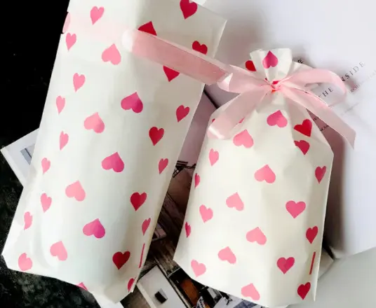 50 pcs heart print Cookie pouch set with ribbon