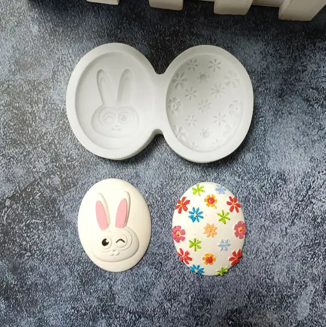 2 cavity Easter egg rabbit texture Silicone Fondant Mould