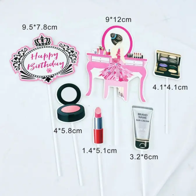 Happy birthday Girls Makeup dress up theme Cake Topper set
