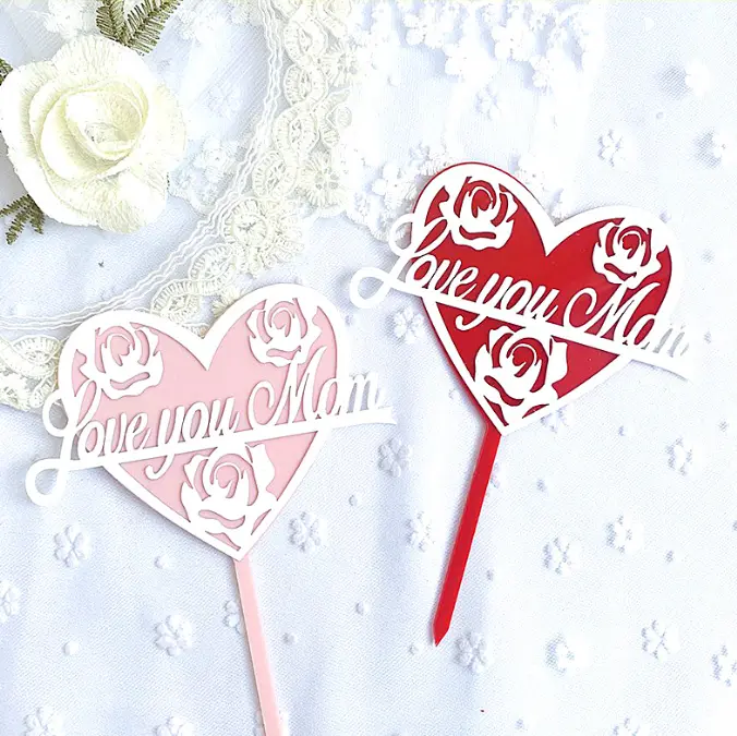 Double acrylic i love you mom with rose cake topper