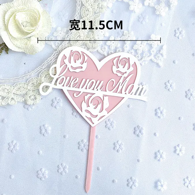 Double acrylic i love you mom with rose cake topper