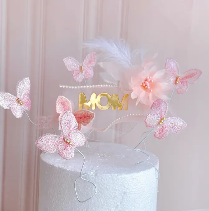 Mom with round transparent with butterfly cake topper
