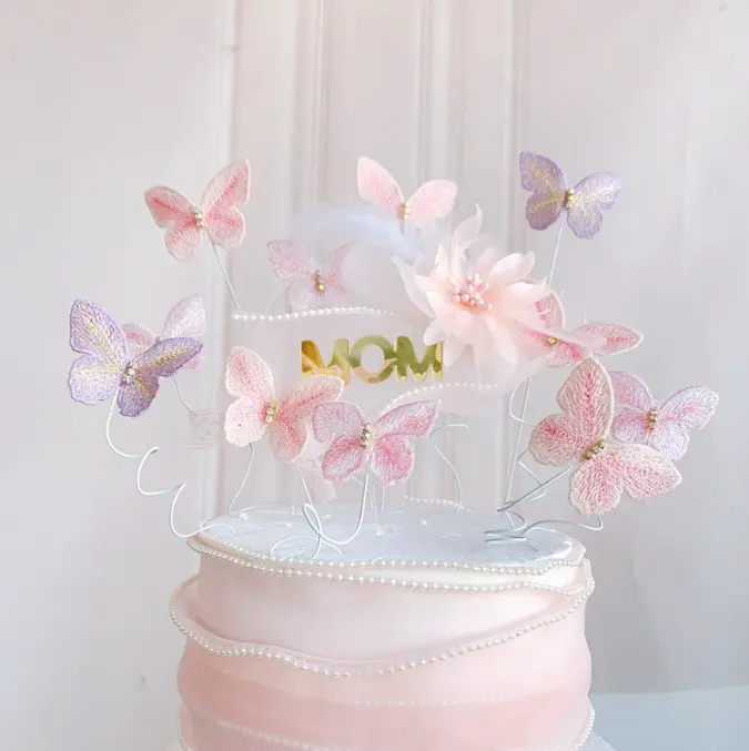 Mom with round transparent with butterfly cake topper