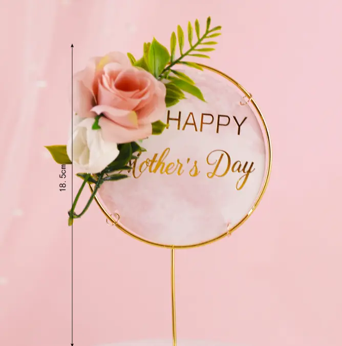 happy mothers day acrylic round metal with flower cake topper