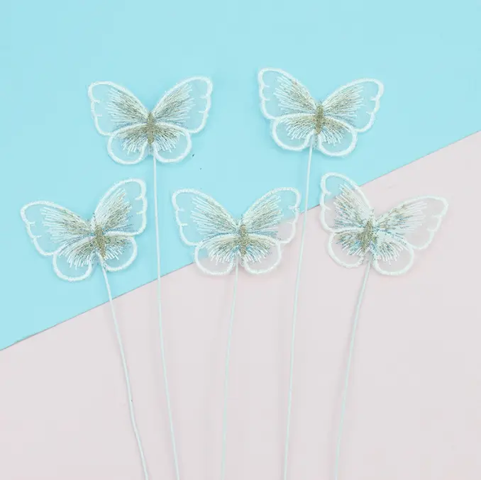 5 pcs fabric white texture butterfly topper with floral wires