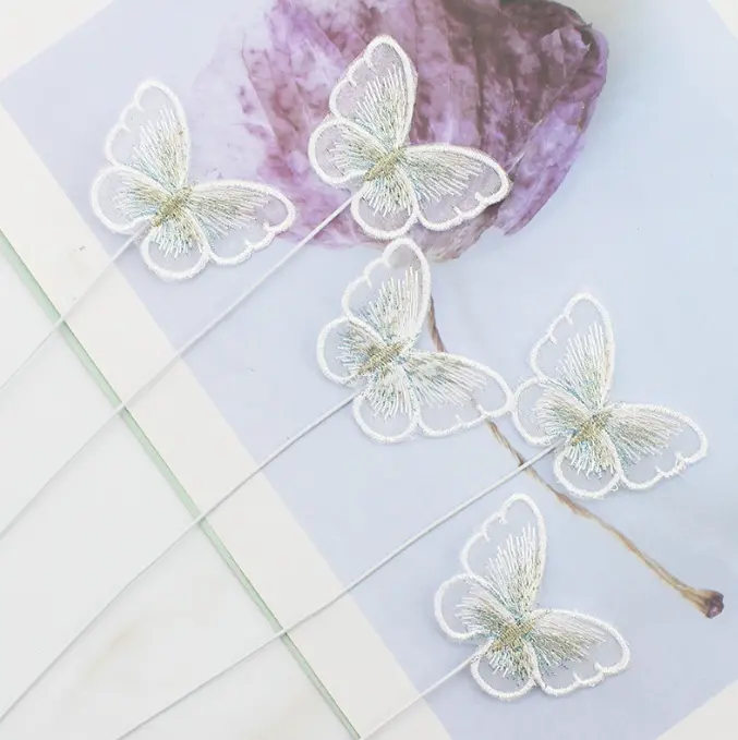5 pcs fabric white texture butterfly topper with floral wires