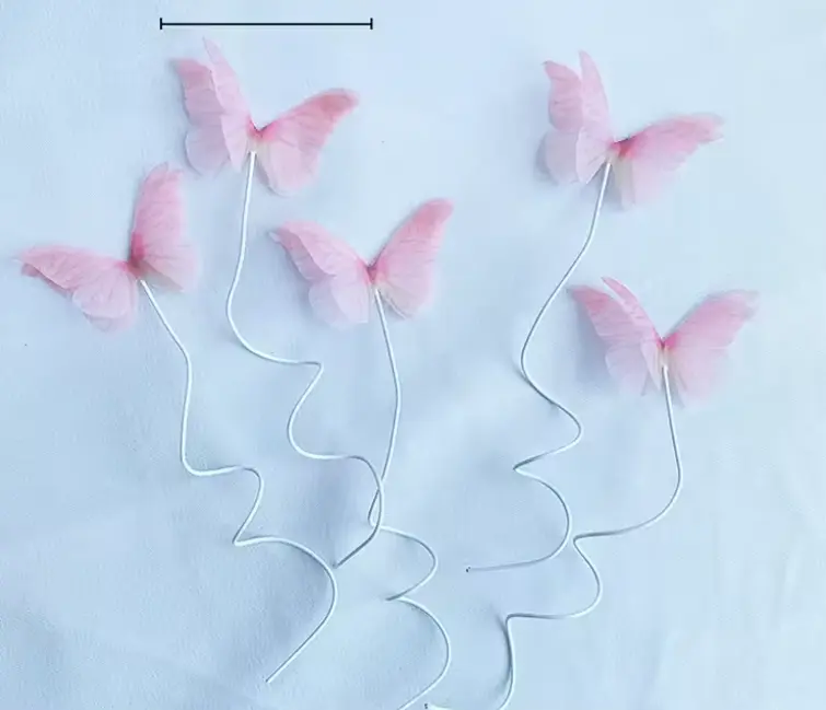 5 pcs fabric pink butterfly topper with floral wires
