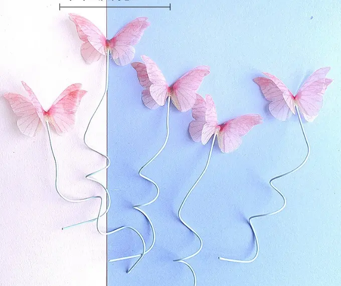 5 pcs fabric pink butterfly topper with floral wires