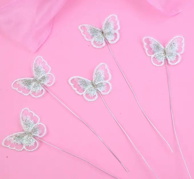 5 pcs fabric white texture butterfly topper with floral wires