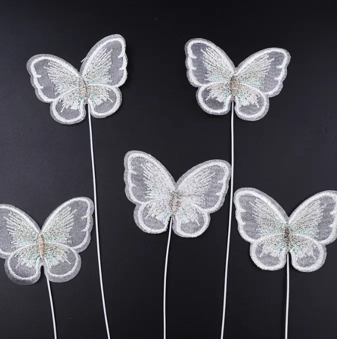 5 pcs fabric white texture butterfly topper with floral wires